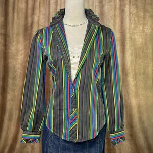 Vintage Striped Shirt 70s Multicolor Ruffled Collar Button Up Retro Disco Mod